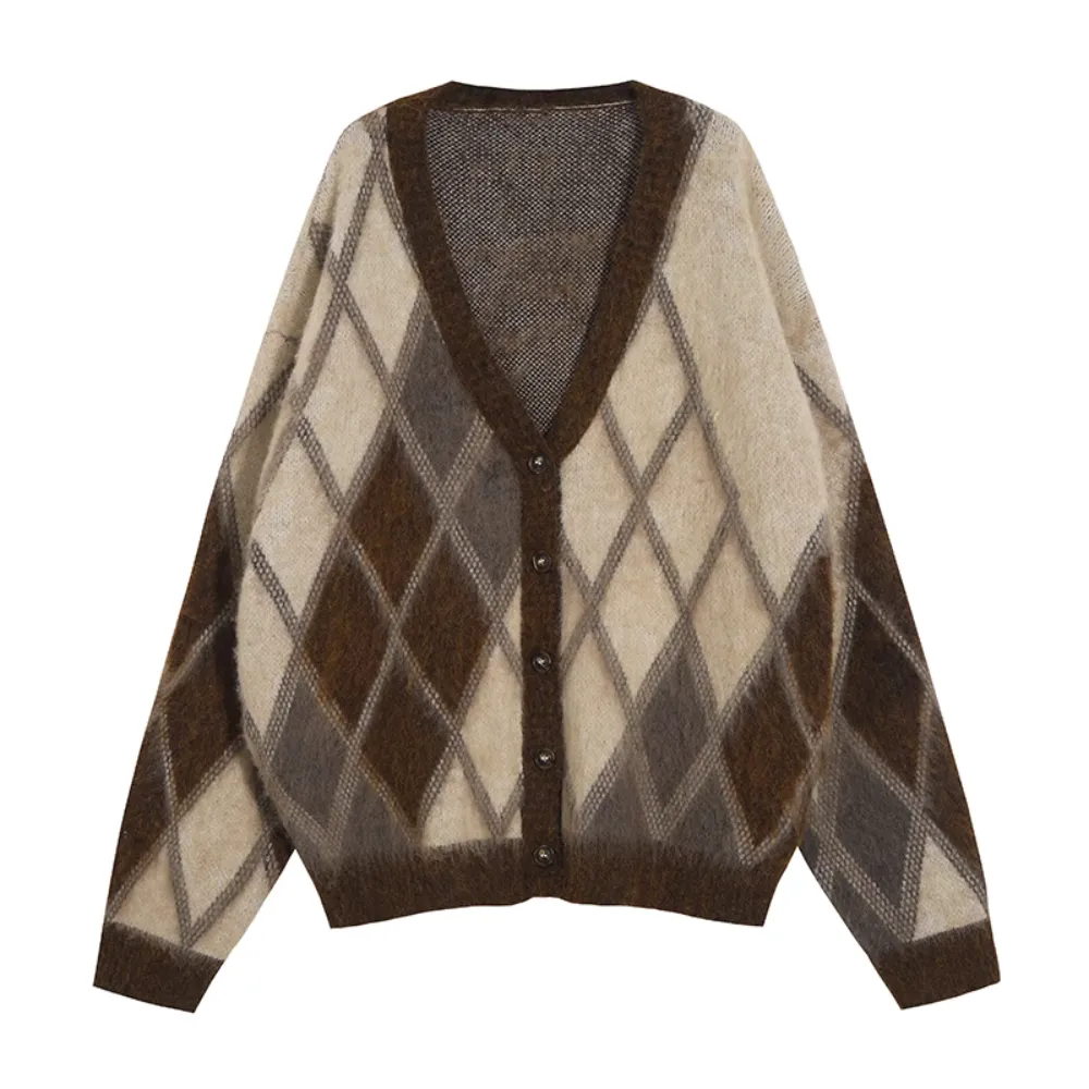 Women's Retro Seahorse Hair Contrast Knitted Cardigan