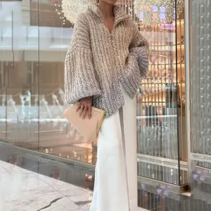 Women's Sequin Cardigan Sweater Sparkly Knitted Long Sleeve Loose Cardigan with Zipper Stand Collar