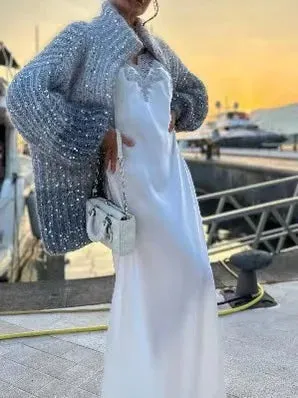 Women's Sequin Cardigan Sweater Sparkly Knitted Long Sleeve Loose Cardigan with Zipper Stand Collar