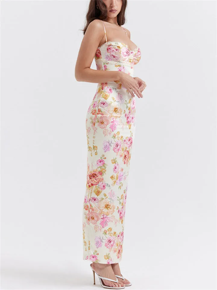 Women's Sexy Sweetheart Spaghetti Strap Rose Print Dress