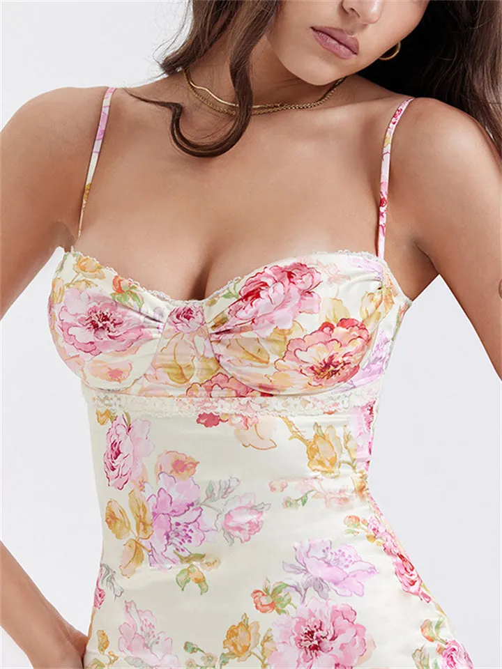 Women's Sexy Sweetheart Spaghetti Strap Rose Print Dress