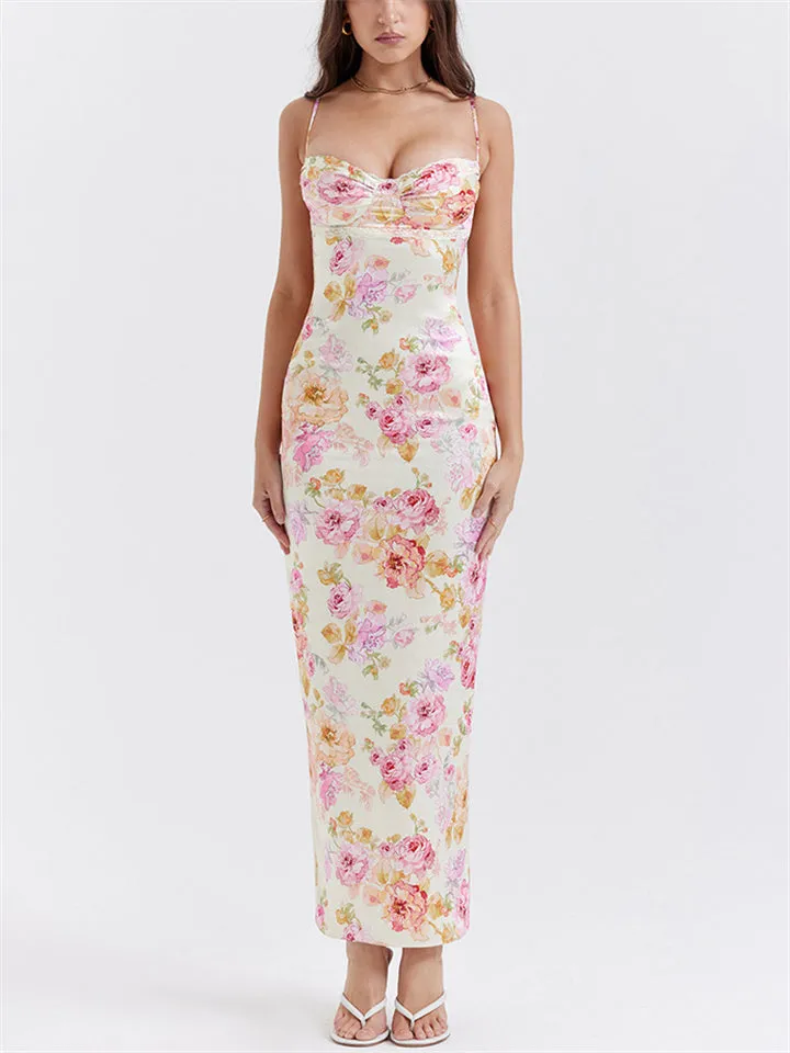 Women's Sexy Sweetheart Spaghetti Strap Rose Print Dress
