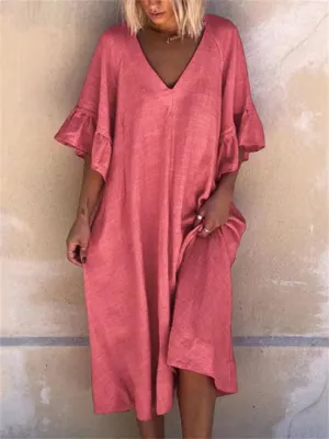 Women's Sexy V Neck Flare Sleeve Loose Trendy Dress for Holiday