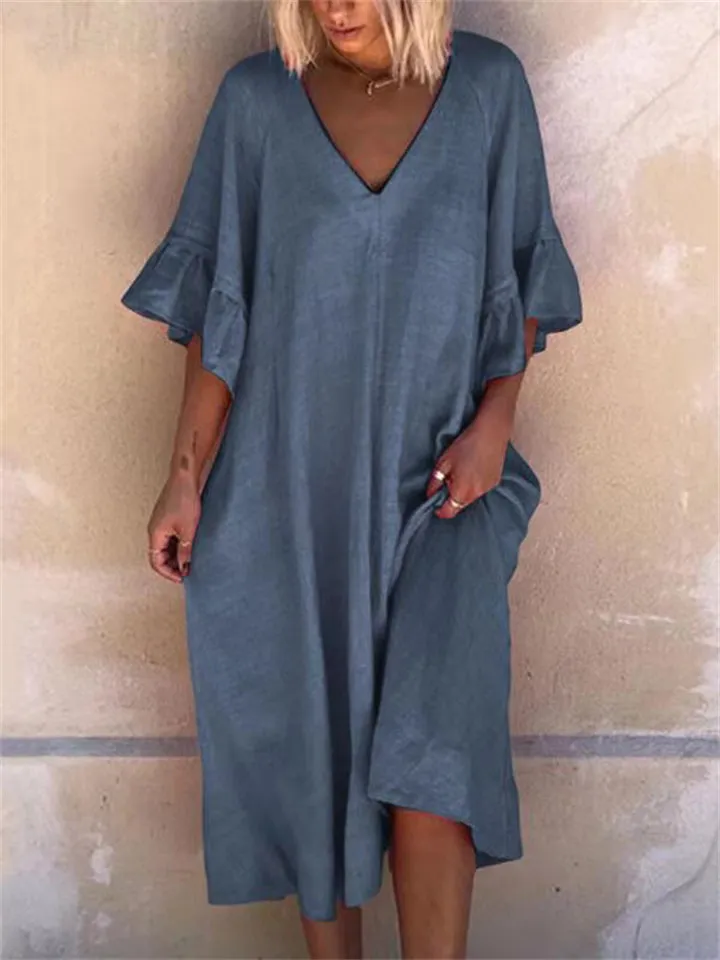 Women's Sexy V Neck Flare Sleeve Loose Trendy Dress for Holiday