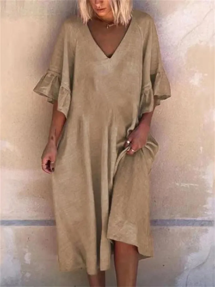 Women's Sexy V Neck Flare Sleeve Loose Trendy Dress for Holiday