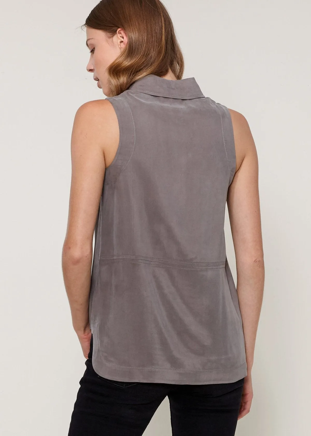 Women's Sleeveless Cupro Drawstring Button Up Top