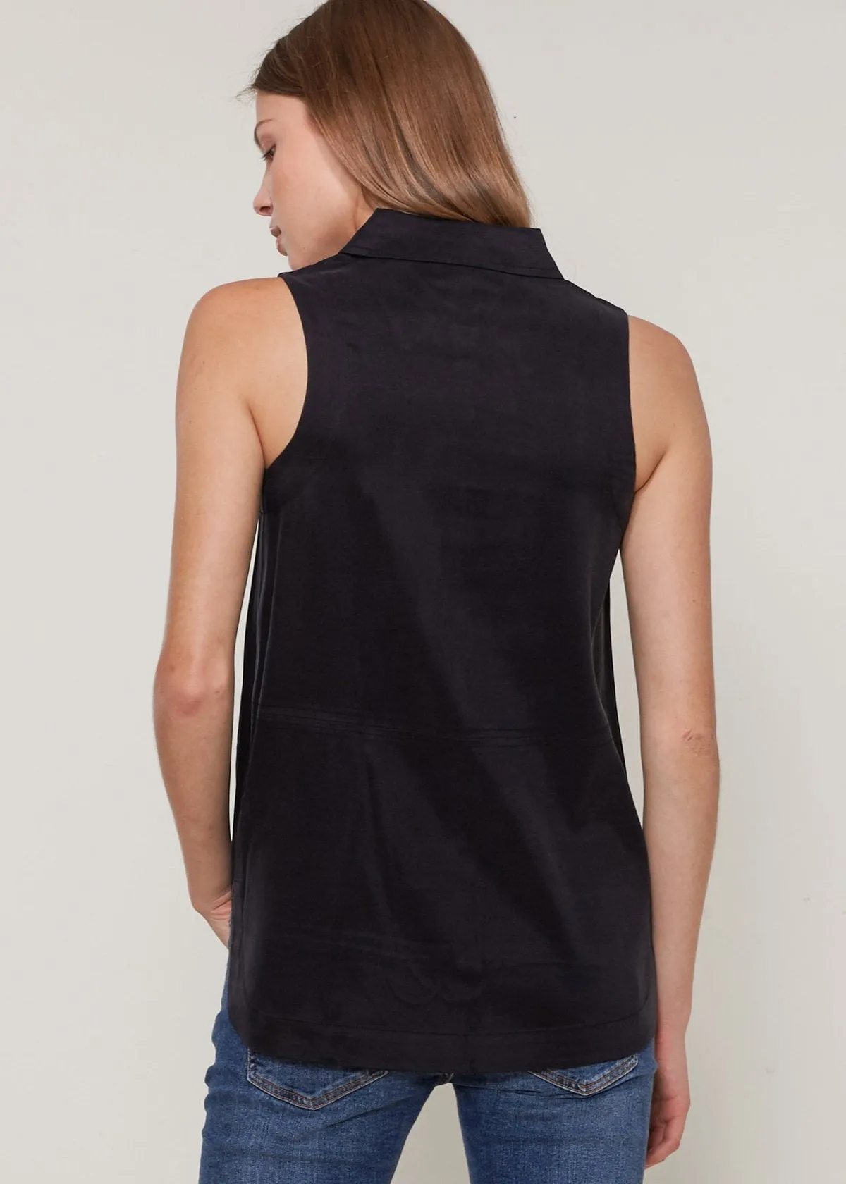 Women's Sleeveless Cupro Drawstring Button Up Top