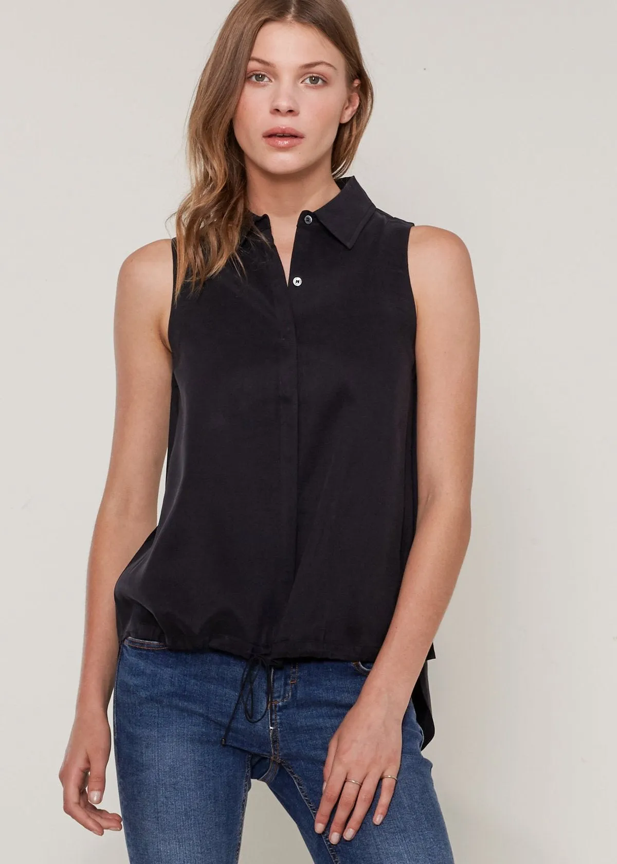 Women's Sleeveless Cupro Drawstring Button Up Top
