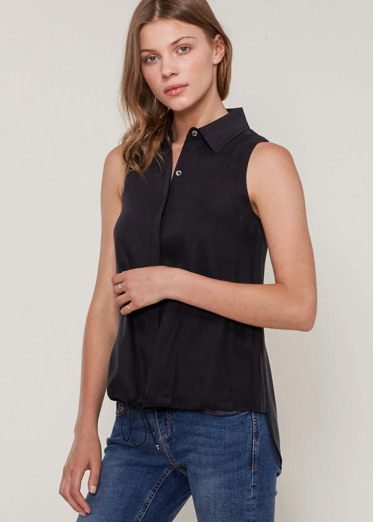 Women's Sleeveless Cupro Drawstring Button Up Top