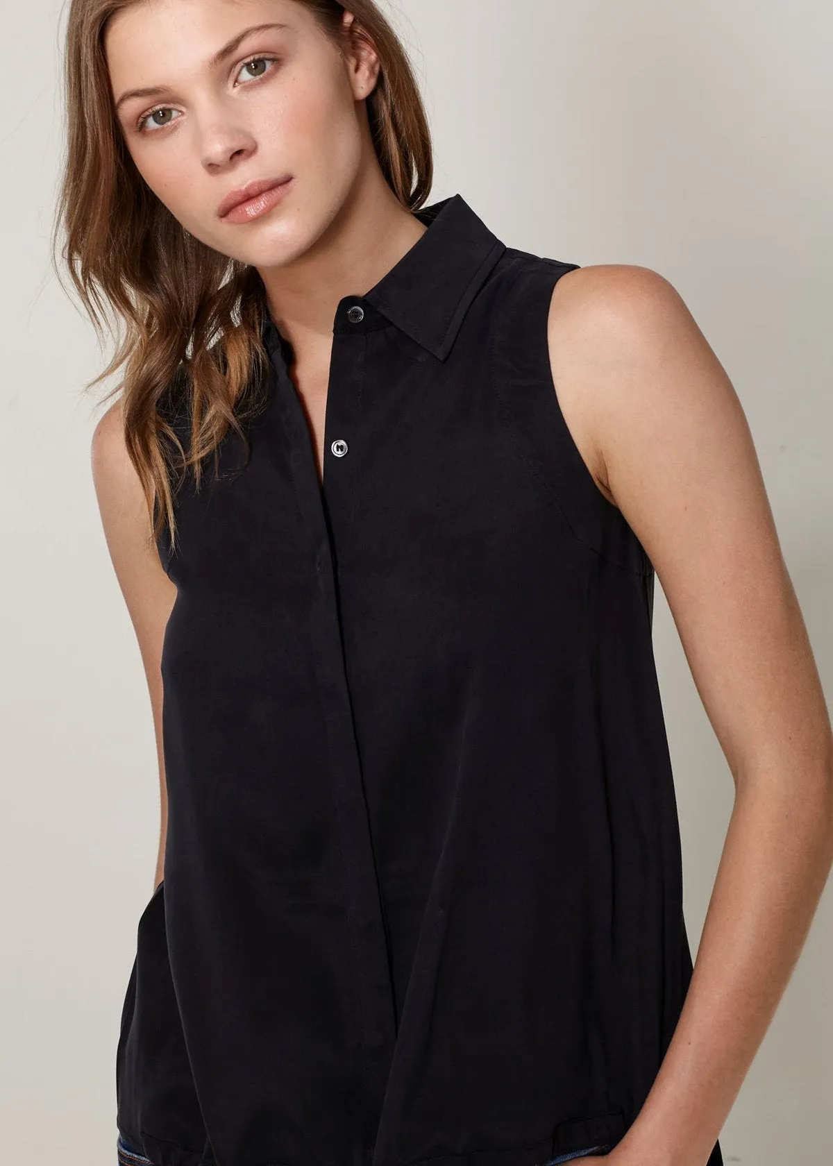Women's Sleeveless Cupro Drawstring Button Up Top