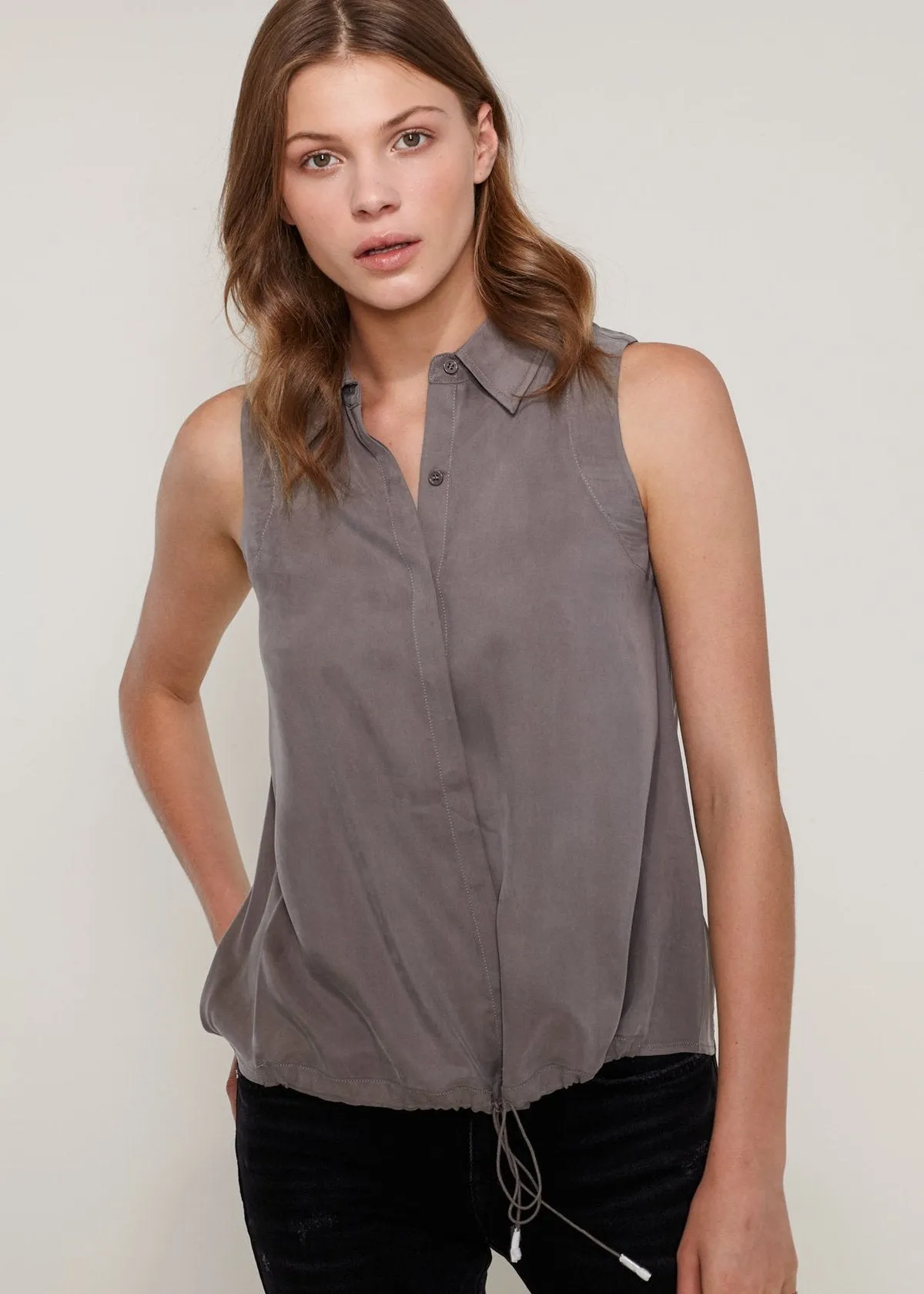 Women's Sleeveless Cupro Drawstring Button Up Top
