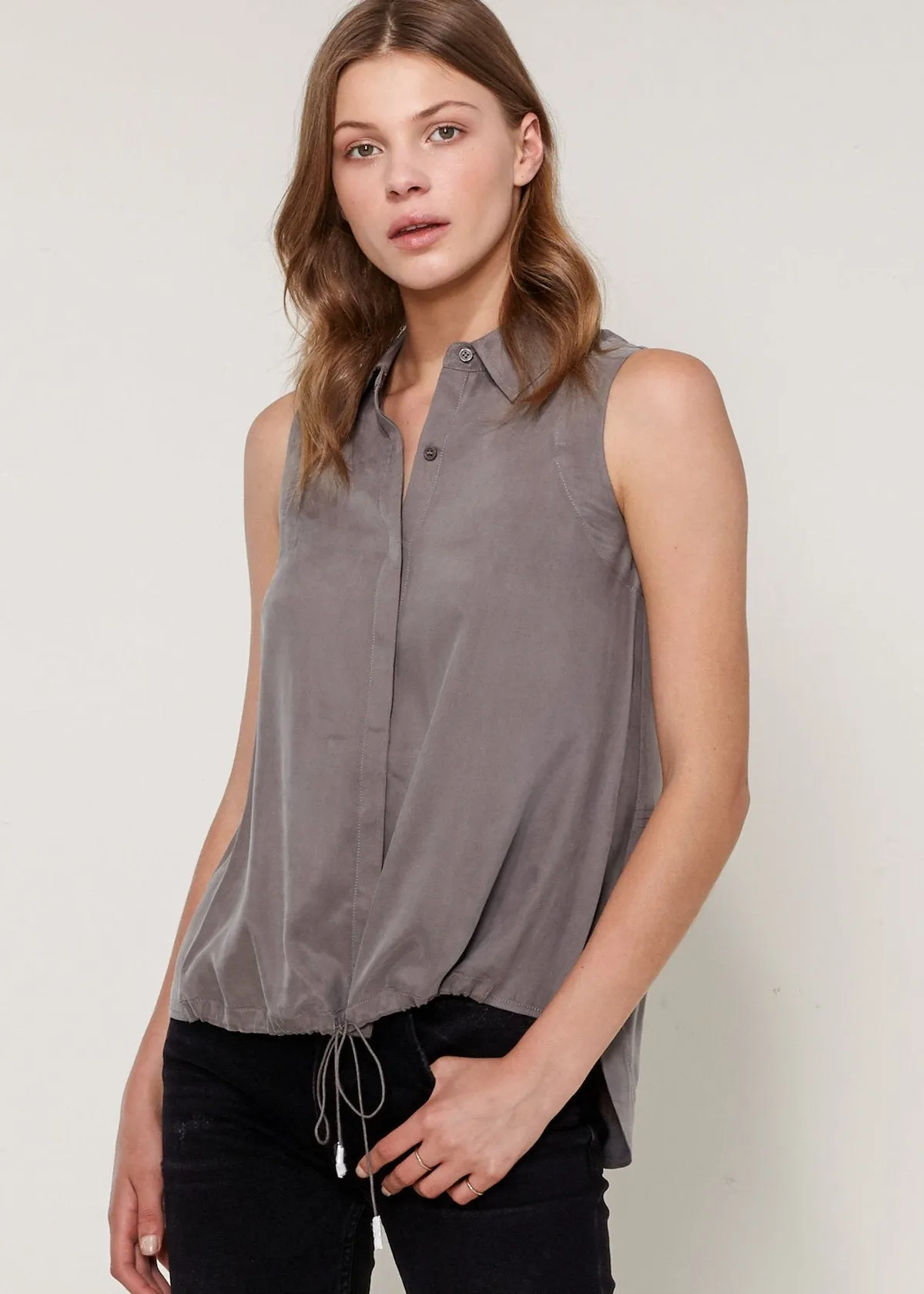 Women's Sleeveless Cupro Drawstring Button Up Top