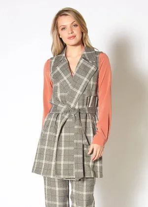 Women's Sleeveless Tie Waist Vest in Mocha Plaid