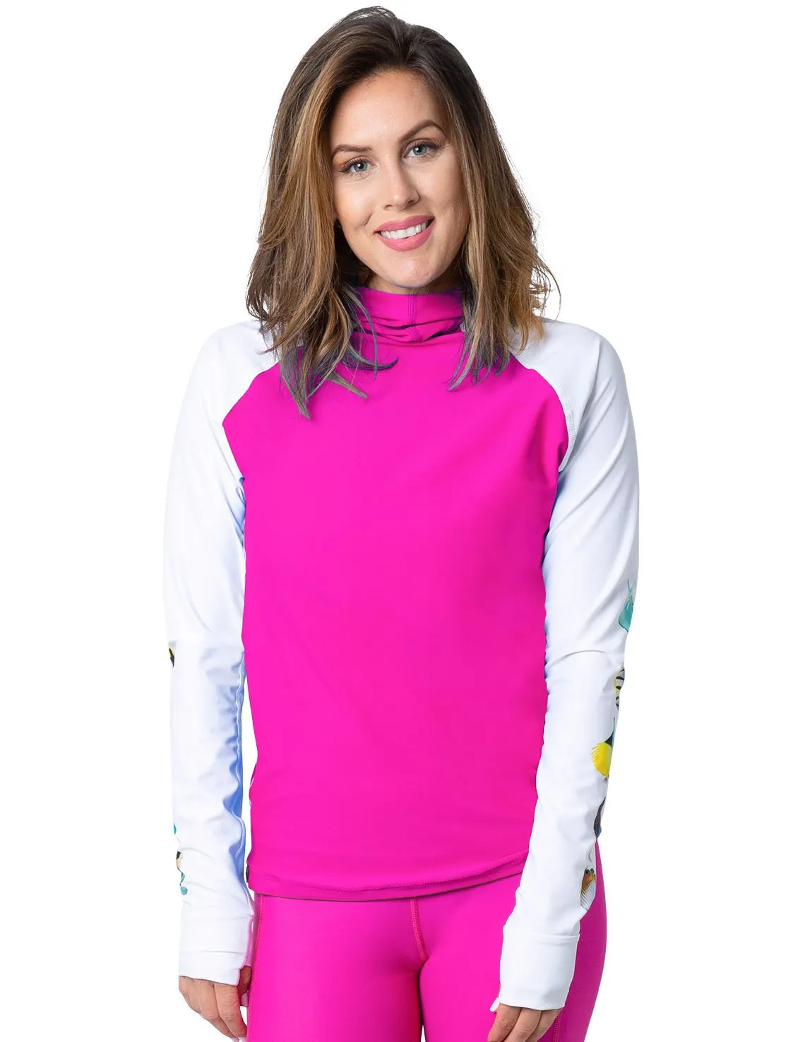 Women's Snorkel Hoodie Rash Guard - Hawaii Fish ID - Fuchsia