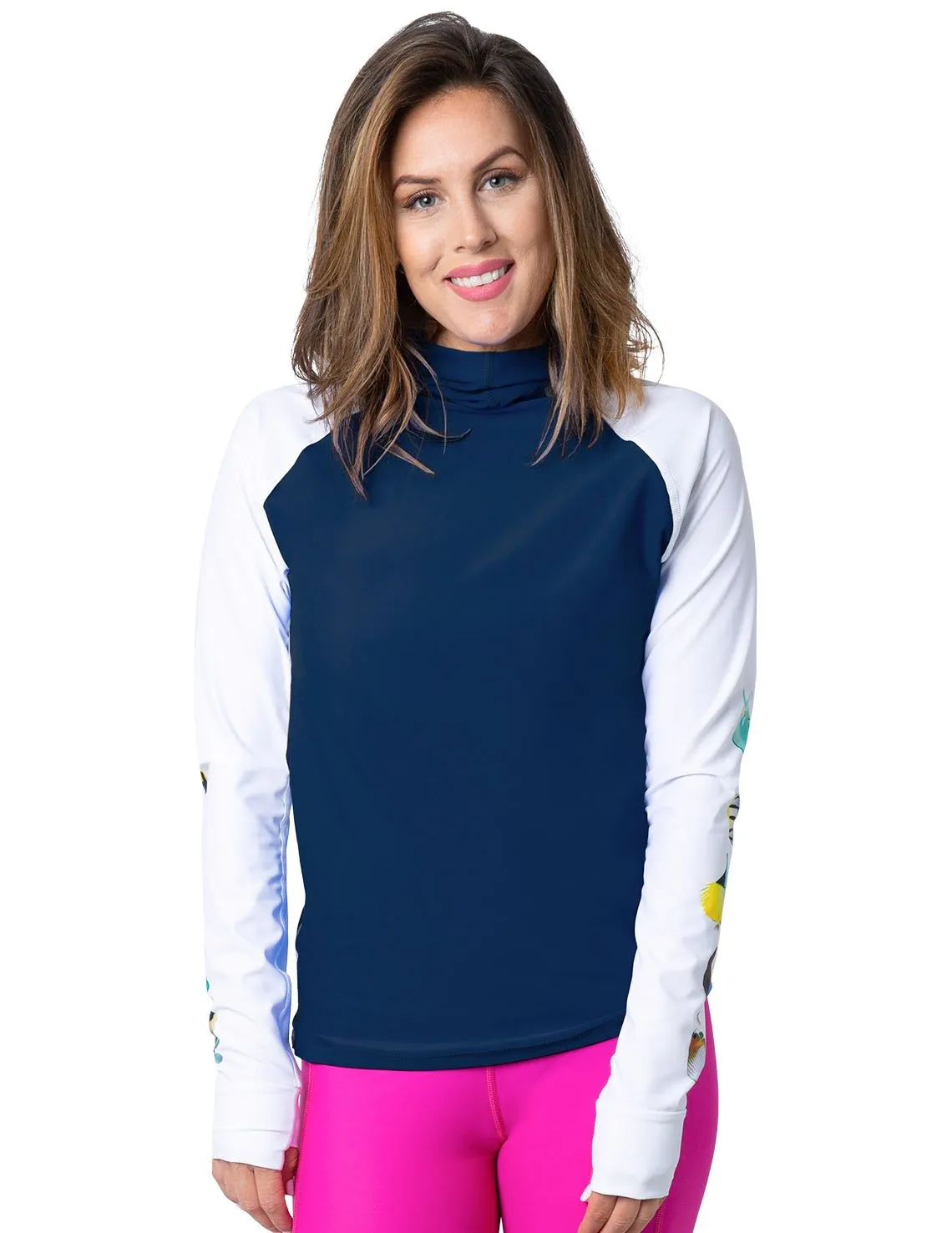 Women's Snorkel Hoodie Rash Guard - Hawaii Fish ID - Navy