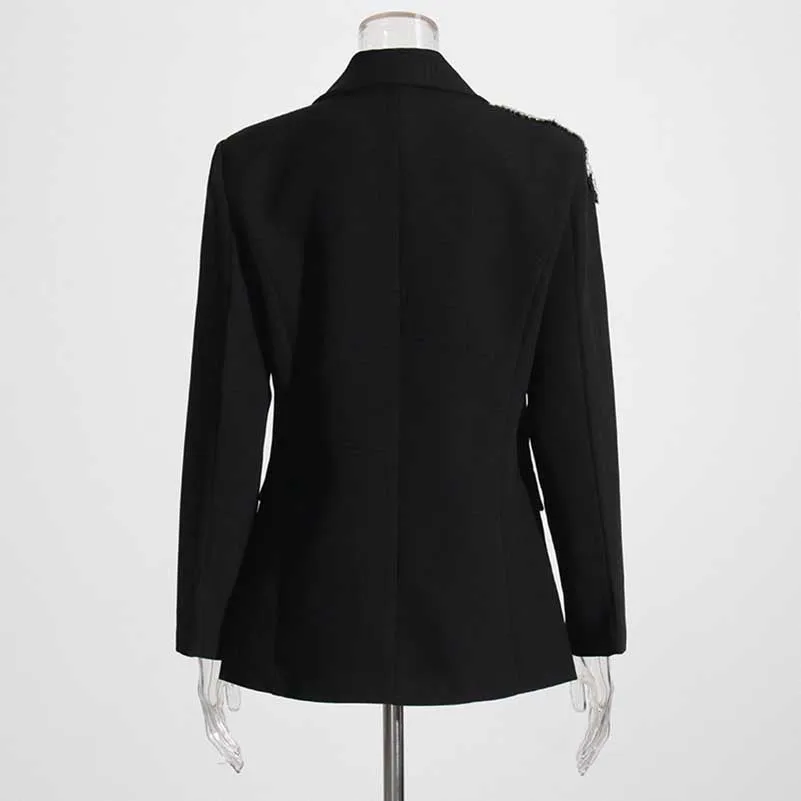 Women's Sparkly Rhinestone Embellished Blazer Black Formal Coat with Pocket