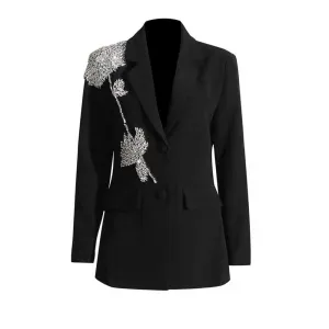 Women's Sparkly Rhinestone Embellished Blazer Black Formal Coat with Pocket