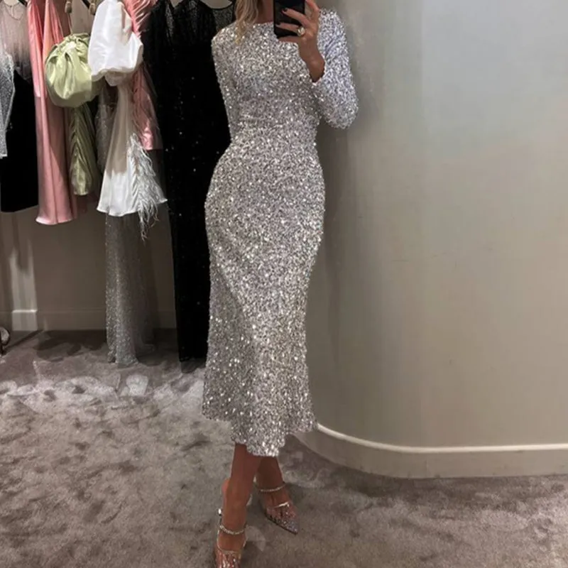Women's Sparkly Round-Neck Bodycon Long Dress