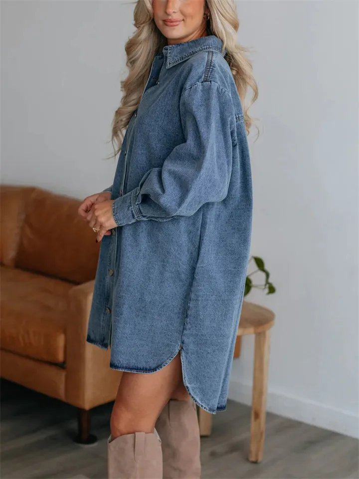 Women's Spring Casual Denim Lapel Shirt Dress