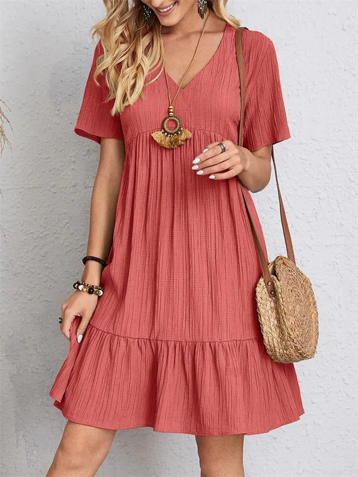 Women's Summer Short Sleeve V Neck Pleated Mini Dress