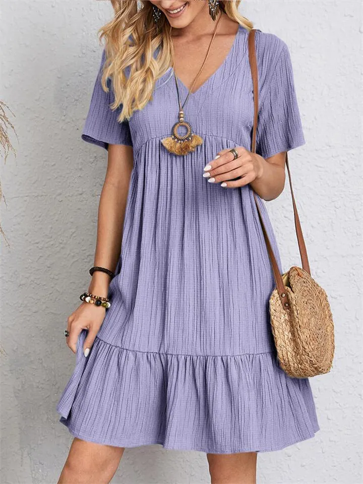Women's Summer Short Sleeve V Neck Pleated Mini Dress