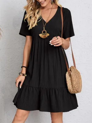 Women's Summer Short Sleeve V Neck Pleated Mini Dress