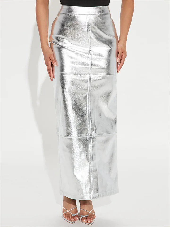 Women's Summer Trendy Back Slit PU Long Skirt