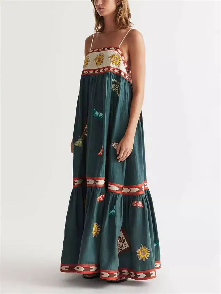 Women's Sun Flower Butterfly Print Adjustable Strap Ruffle Dress