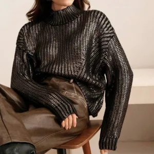 Women's Sweater Decorated with Gold Foil in French Style with High Collar