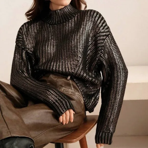 Women's Sweater Decorated with Gold Foil in French Style with High Collar