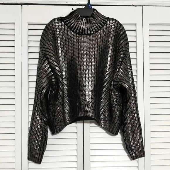 Women's Sweater Decorated with Gold Foil in French Style with High Collar