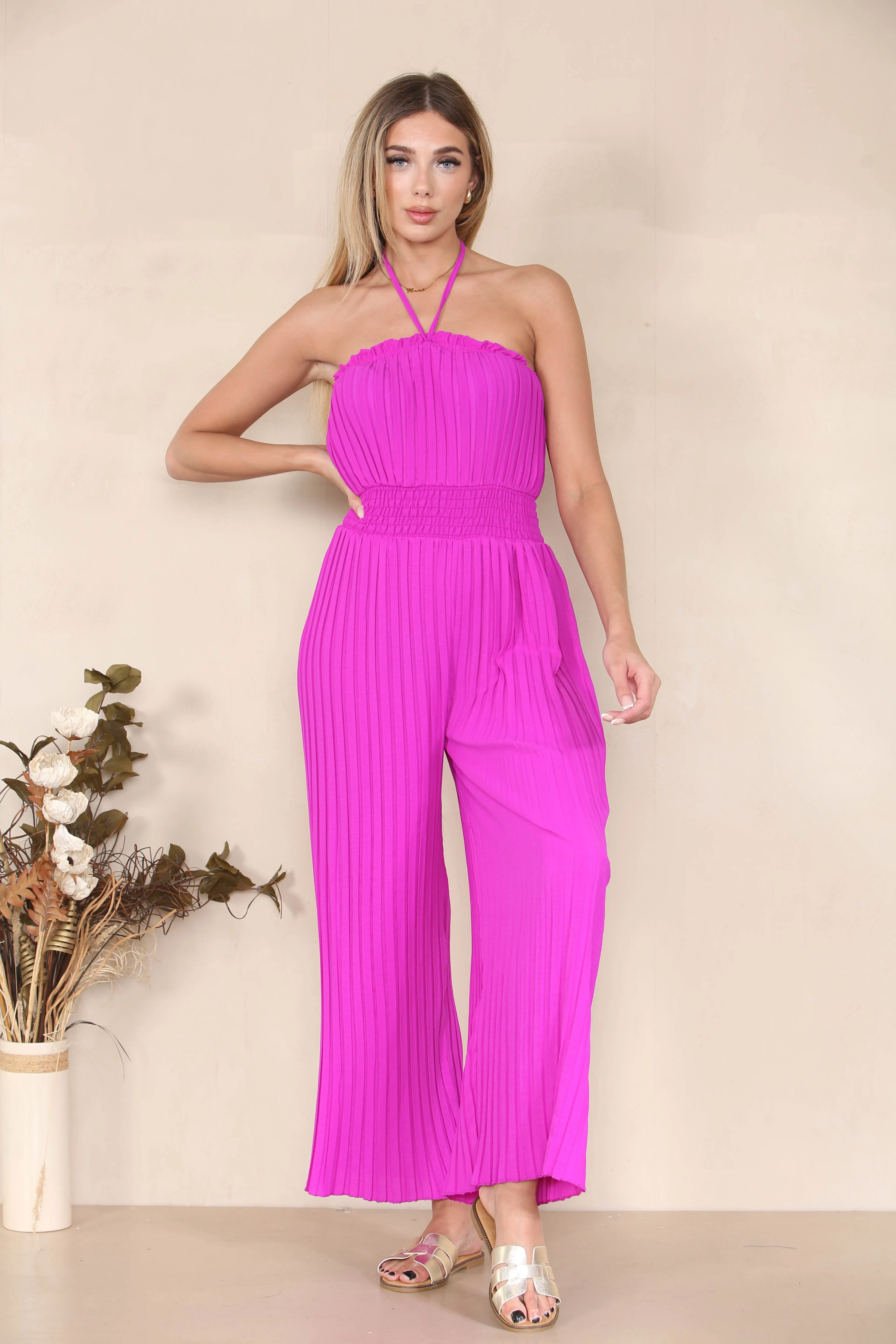 Women's Versatile Tie-Up Ruched Thin Waist Pleated Wide Leg Jumpsuit