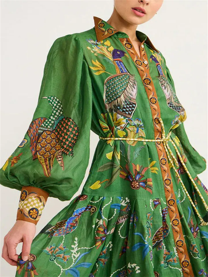 Women's Vintage Print Lantern Sleeve Button Up Green Long Dress