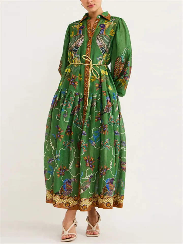 Women's Vintage Print Lantern Sleeve Button Up Green Long Dress