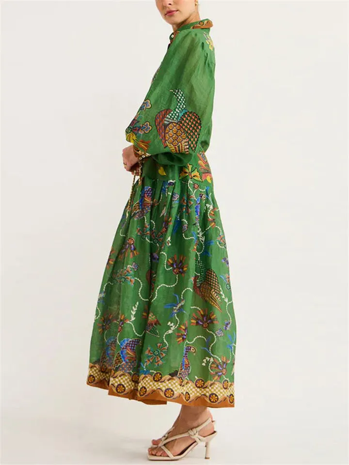 Women's Vintage Print Lantern Sleeve Button Up Green Long Dress