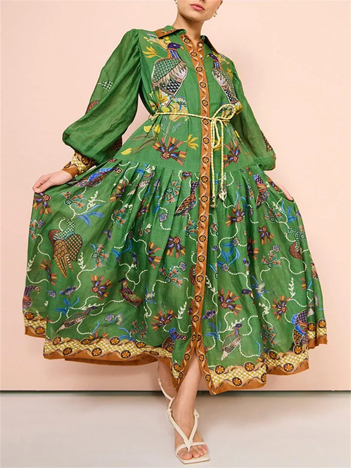 Women's Vintage Print Lantern Sleeve Button Up Green Long Dress
