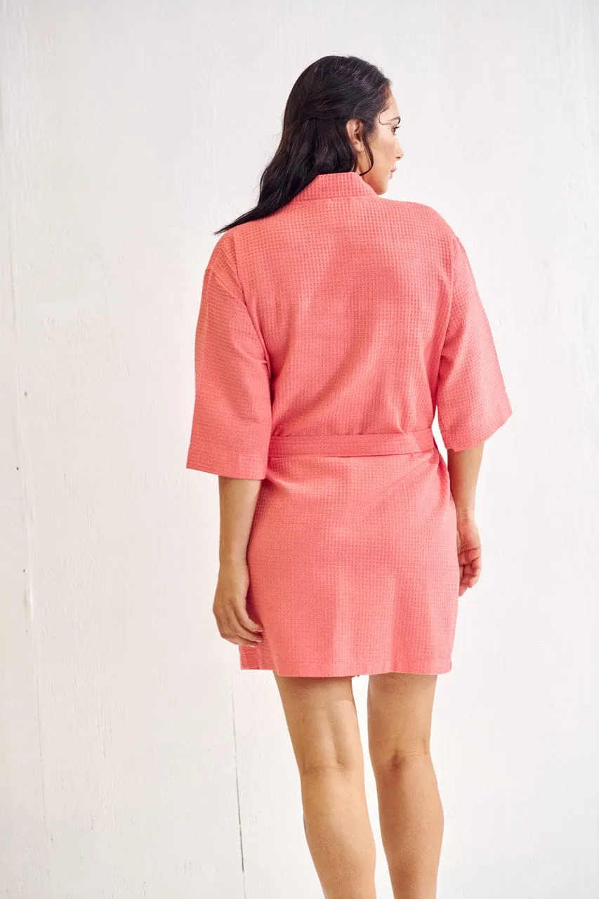 Women's Waffle Kimono Short Bathrobe- Luxurious Cotton Turkish, Absorbency & Lightweight  (Coral)