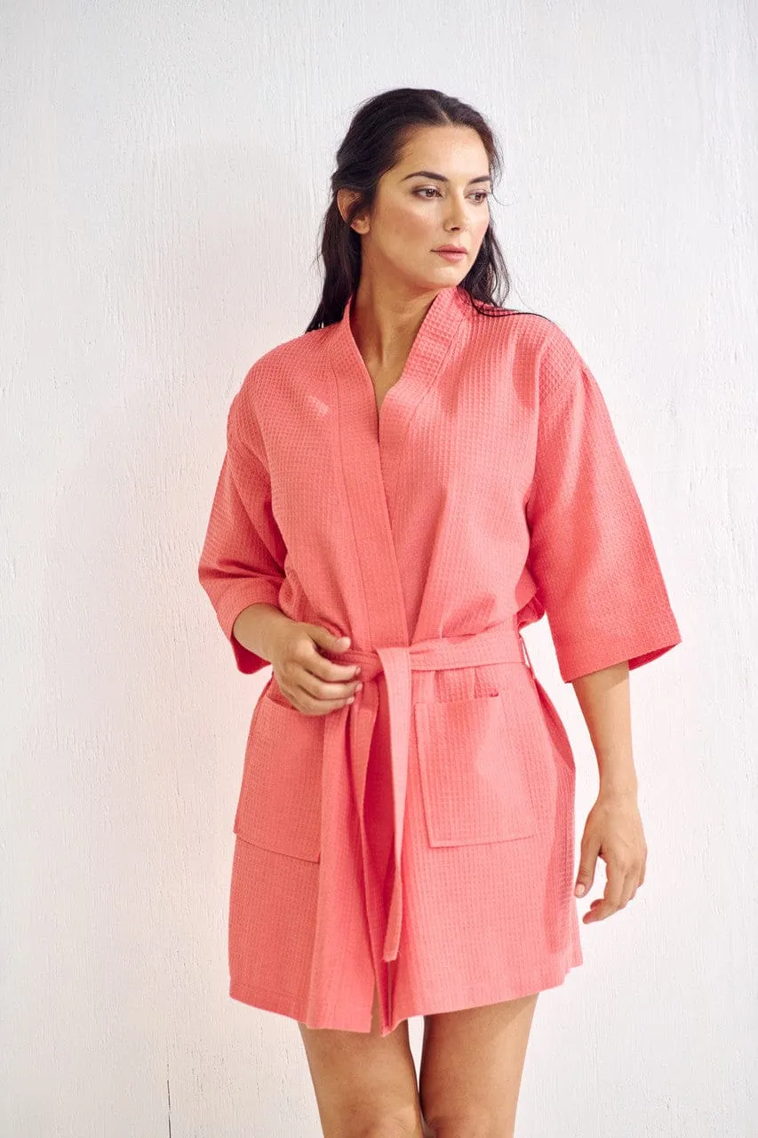 Women's Waffle Kimono Short Bathrobe- Luxurious Cotton Turkish, Absorbency & Lightweight  (Coral)