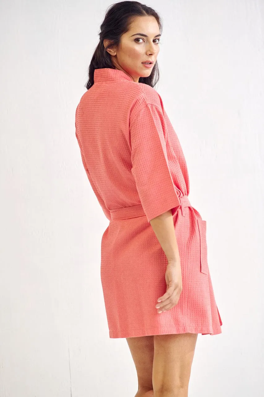 Women's Waffle Kimono Short Bathrobe- Luxurious Cotton Turkish, Absorbency & Lightweight  (Coral)