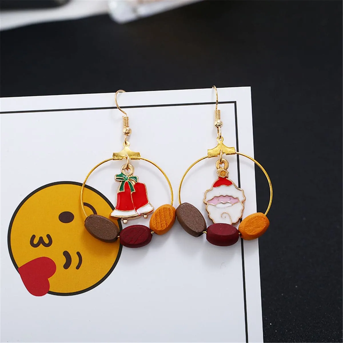 Wood & 18K Gold-Plated Santa Claus & Bell Drop Earrings