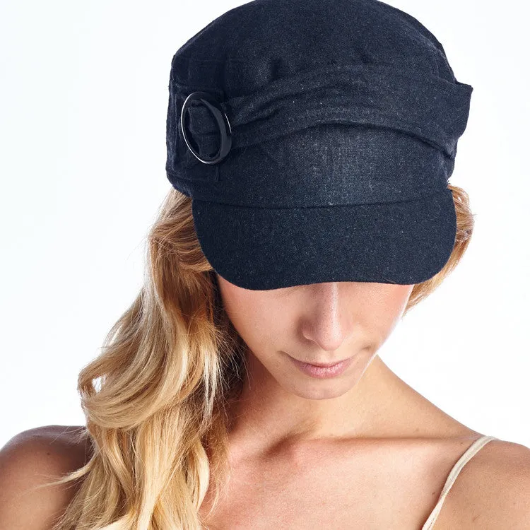 Wool Blend Military-Style Cap with Buckle