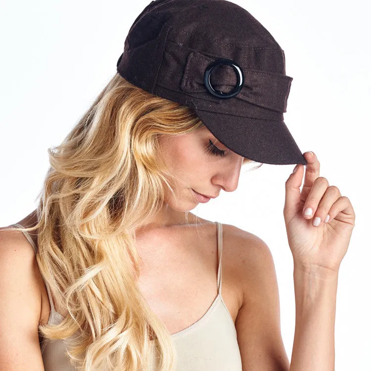 Wool Blend Military-Style Cap with Buckle