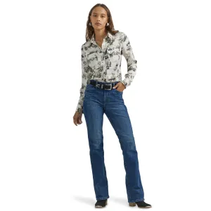 Wrangler Women's Bold Bucking Cowboy Western Snap Shirt in Birch
