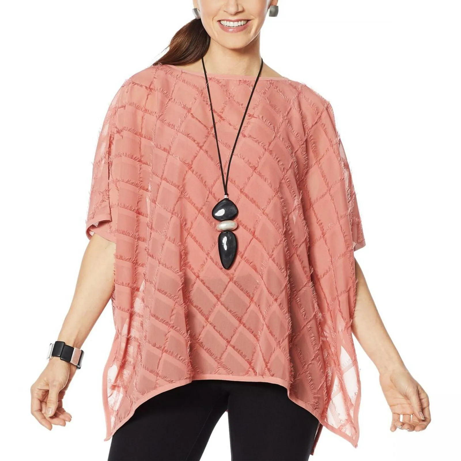 WynneLayers Women's Diamond Jacquard Fringed Chiffon Poncho Top