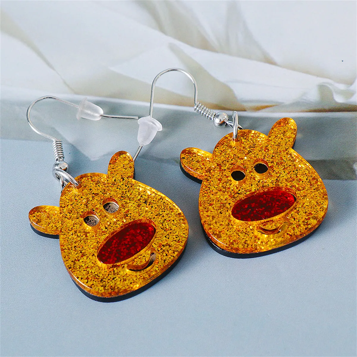 Yellow & Red Glitter Reindeer Face Drop Earrings