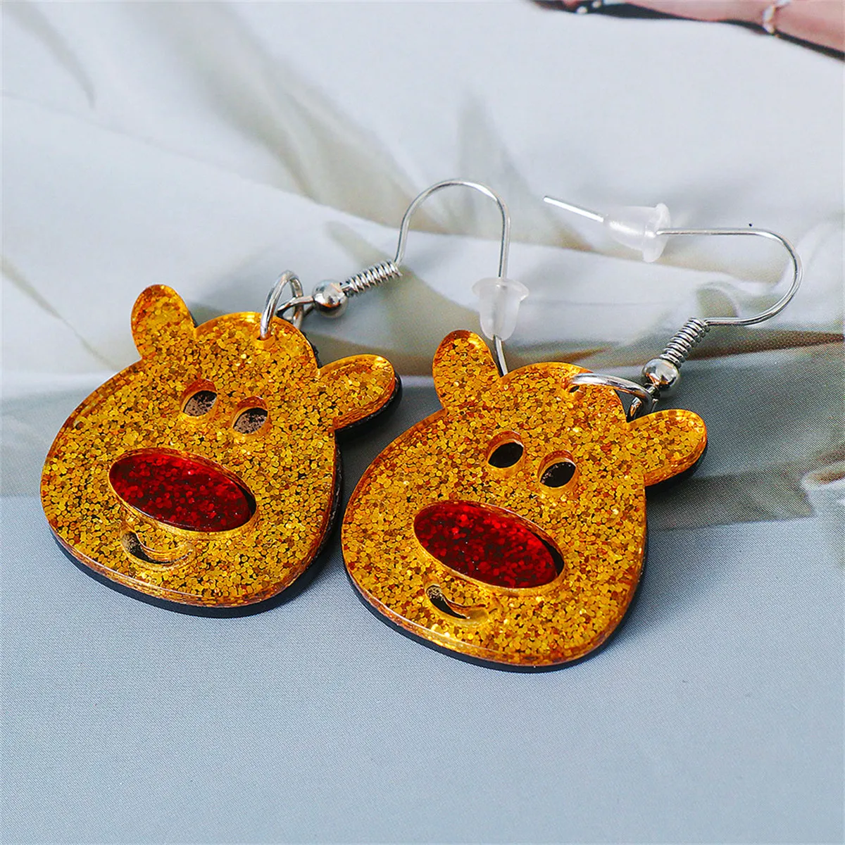 Yellow & Red Glitter Reindeer Face Drop Earrings