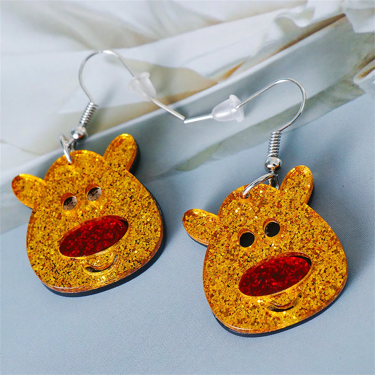 Yellow & Red Glitter Reindeer Face Drop Earrings