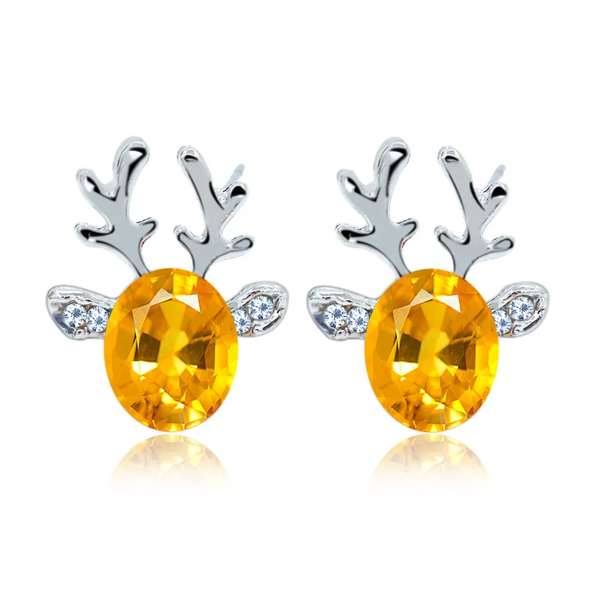 Yellow Crystal & Cubic Zirconia Reindeer Oval Stud Earrings