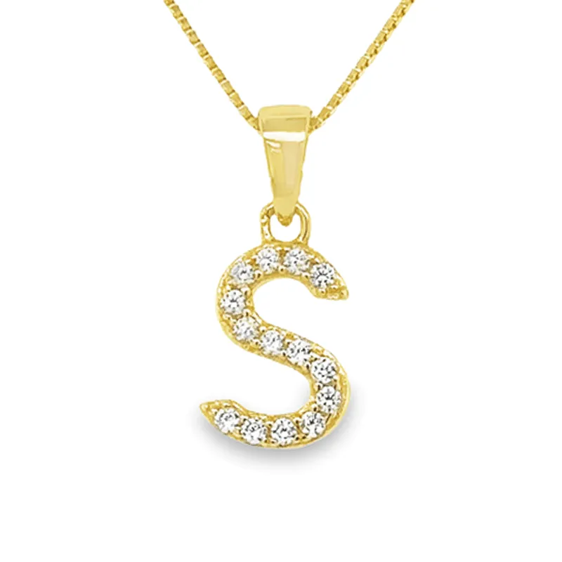 Yellow Gold Plated Sterling Silver CZ Letter S Pendant