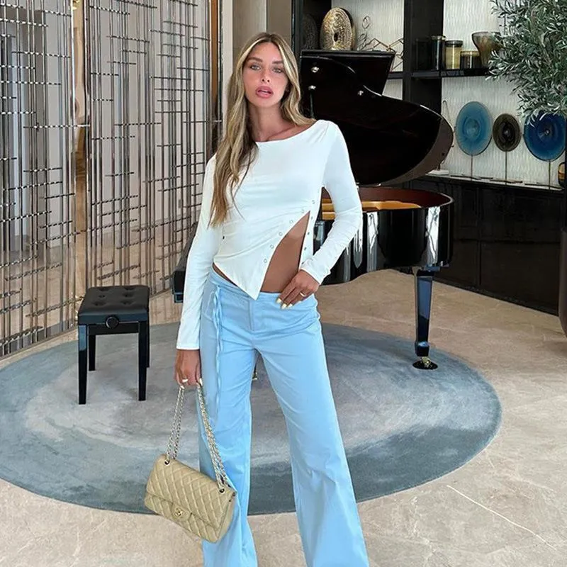YJ23386Summer New Trendy Hot Girl Slim Fit SlitTT-shirt Fashion Shoulder Split Long Sleeve Top Women's Clothing